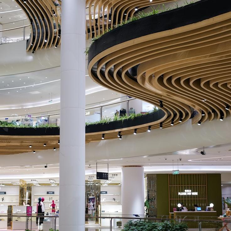 Modern shopping mall interior with family areas
